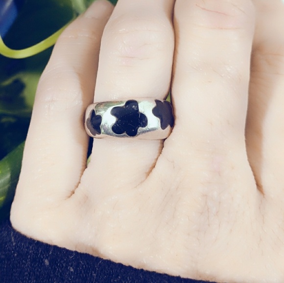 Vintage Signed Sterling Silver Onyx Inlay Ring-6 - Picture 1 of 6